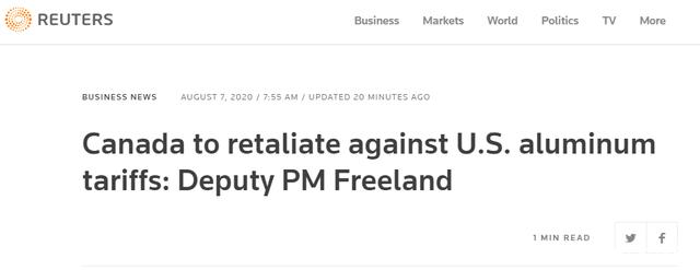 美國宣布對(duì)加拿大部分鋁產(chǎn)品恢復(fù)加征10%關(guān)稅，加方：將對(duì)等反制(圖1)